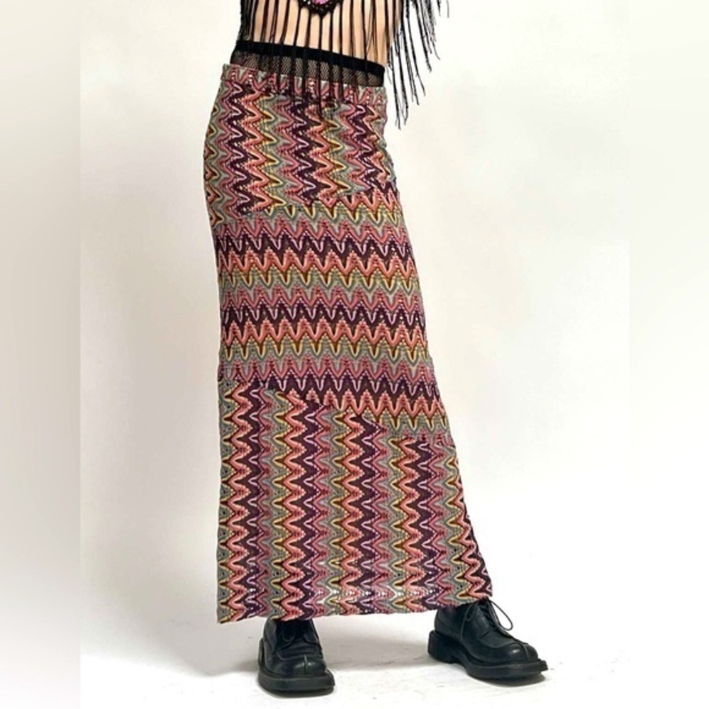 Trina Turk Crochet Bias Cut Chevron Zig Zag Multicolor Print Maxi Skirt Womens 8